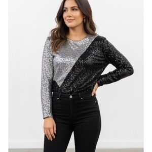 New Express Silver and Black Sequin Bodysuit